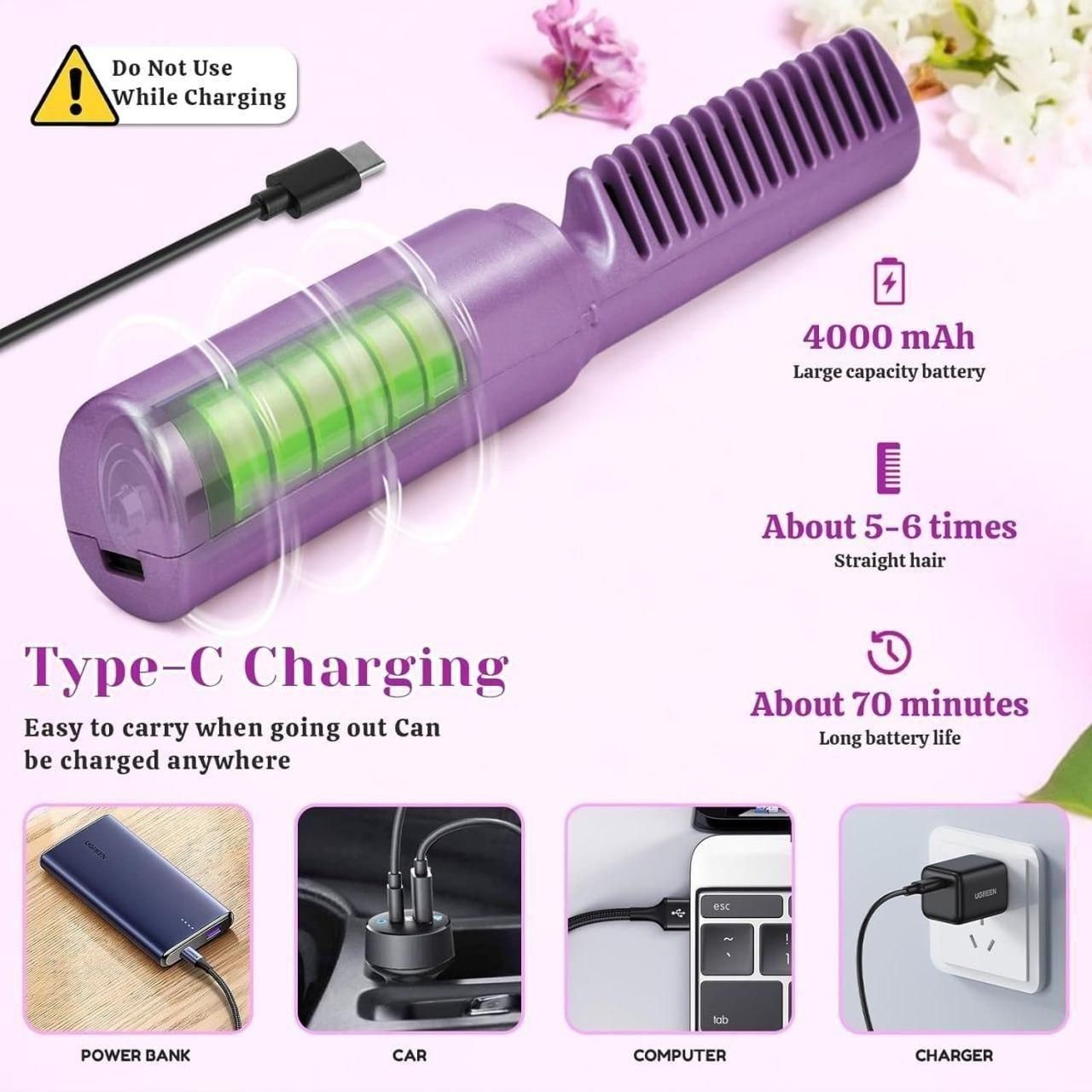 Rechargeable Mini Hair Straightener | 3 Adjustable Temp Flat Iron | Travel Hair Comb.