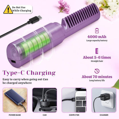 Rechargeable Mini Hair Straightener | 3 Adjustable Temp Flat Iron | Travel Hair Comb.